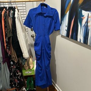 Brandless Sexy open midback collared royal blue ruched dress